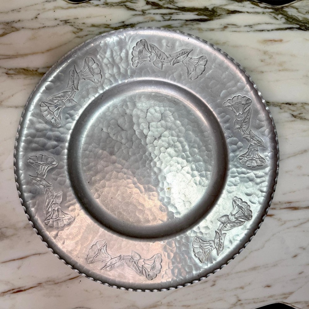 Vintage Farberware Wrought Aluminum Floral Serving Tray Platter Mid Century